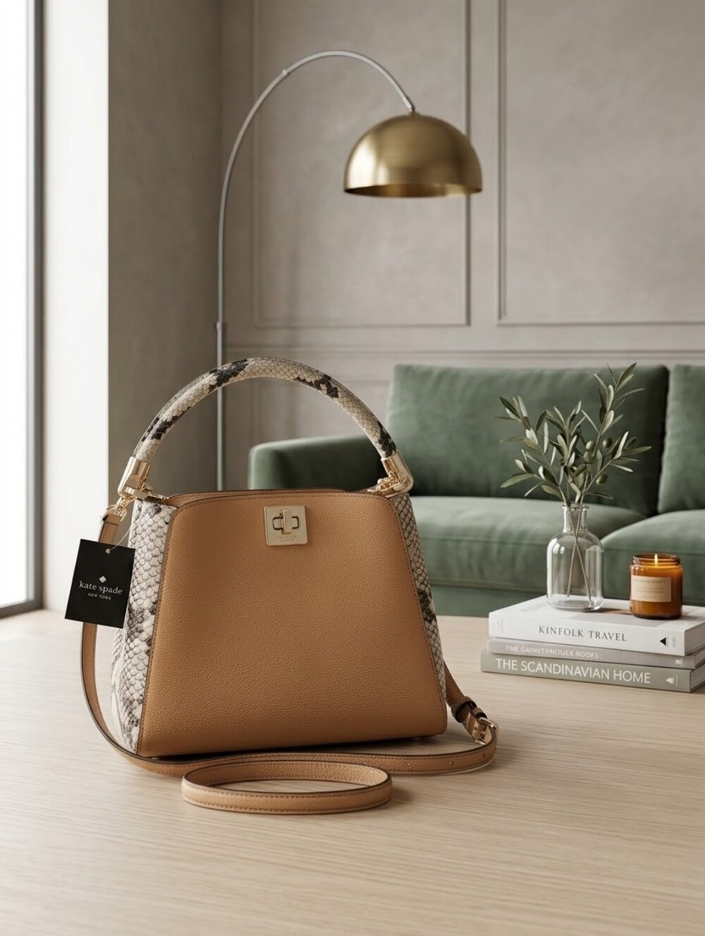 kate spade Tan Leather Shoulder Bag with Snake-Print Trim and Gold Hardware
